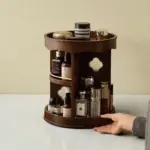 Rotating Wooden Makeup Organizer – Vintage Vanity Carousel Display - Image 4