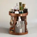 Rotating Wooden Makeup Organizer – Vintage Vanity Carousel Display