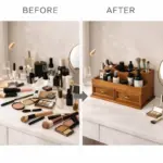 Natural Wood Makeup Organizer – Vanity Desk Storage with Drawers, Skincare Holder - Image 3