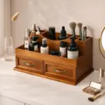 Natural Wood Makeup Organizer – Vanity Desk Storage with Drawers, Skincare Holder