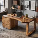 Modern Wood Desk with Drawers, Curved Writing Desk, Minimalist Home Office Table, Wooden Workstation, Designer Desk